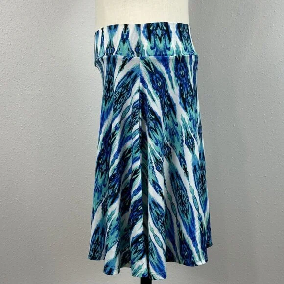 LuLaRoe A-Line Skirt Size 10 Multicolor Blue Geometric Pull On Knee Length Midi - Picture 2 of 12